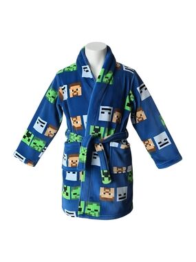 Kids Blue Plush Robe with Pixel Character Print